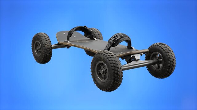 A high-quality 3D render of an off-road electric mountainboard featuring large treaded pneumatic tires and foot bindings, set against a solid blue backdrop. Perfect for extreme sports gear marketing, 