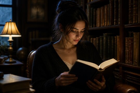 Young woman reading book by lamp in wood paneled library evening