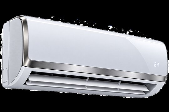 Modern split system air conditioner with digital display rests on a transparent background