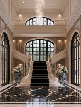 grand luxurious mansion entrance hall interior with magnificent double curved staircase marble floor polished black carpet and crystal chandelier background for high end real estate architecture
