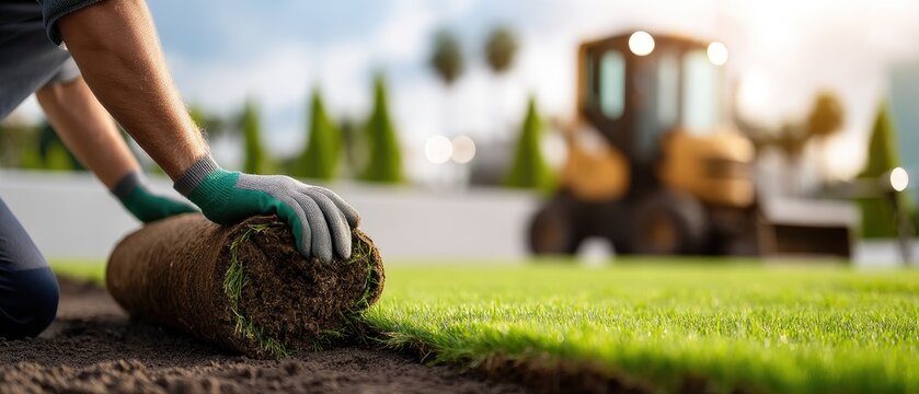 Person lays sod on dark soil under blue sky with light clouds and blurred equipment in the background during bright daylight