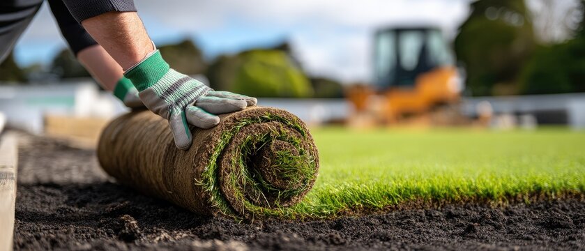 Close up of a person laying sod on dark soil under sunlight with blurred background of green lawn and machinery