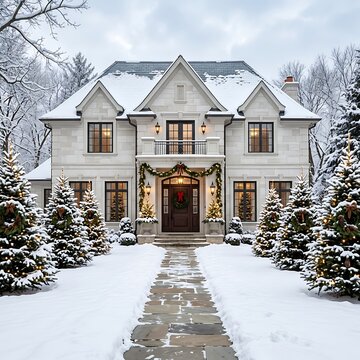 Beautiful Snowy House With Christmas Decorations And Walkway