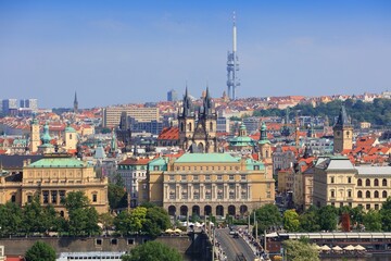 Naklejka premium Cityscape of Prague with Old Town and Zizkov neighborhood in background. Prague city in May, Czech Republic.