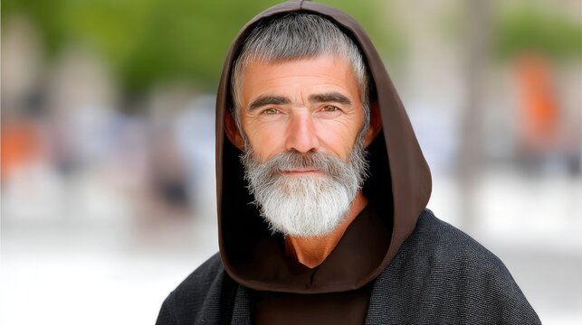 Elderly man with long beard and mustache stands outdoors in snow wearing dark garments