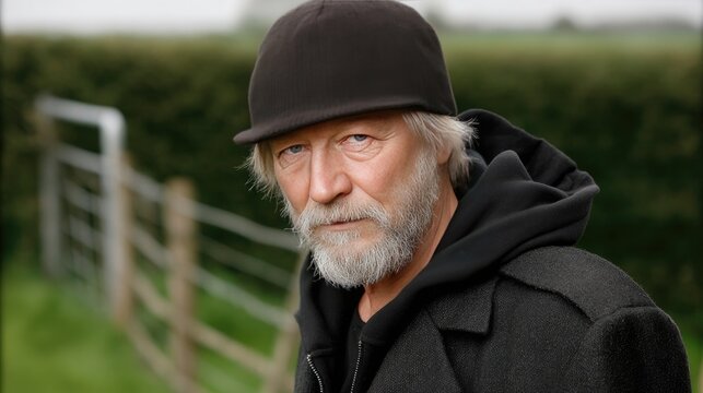 Elderly man with a long grey beard and layers of clothing stands outdoors in winter with snow on the ground and green elements blurred in the background