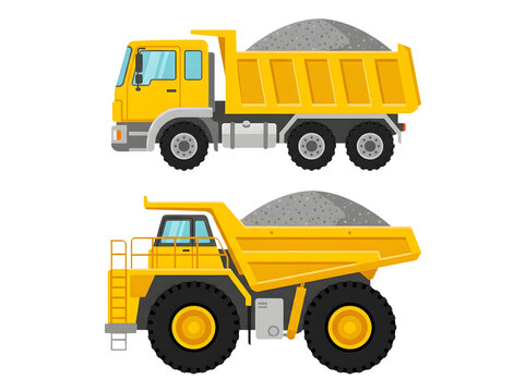 Set of two yellow dump trucks loaded with gravel isolated on transparent background