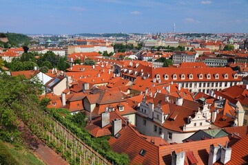 Obraz premium Prague city view with Mala Strana district in foreground and Zizkov in background. May cityscape of Prague, Czech Republic.