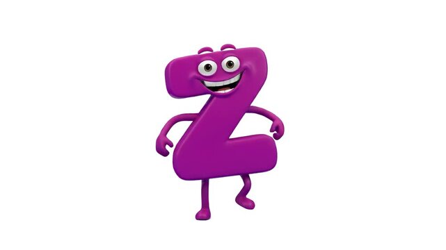 A playful 3D animated purple letter Z mascot with happy eyes and arms, dancing joyfully on an isolated white background. Perfect for back-to-school promotional videos, English ABC lessons, educational
