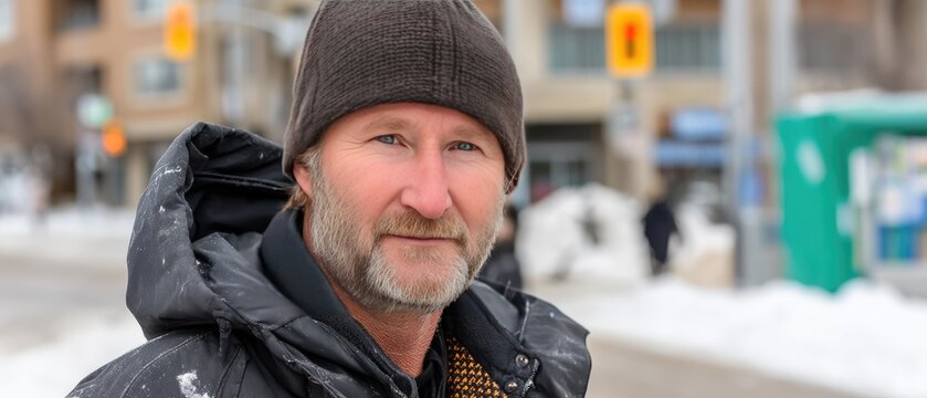 Older man with a long beard and mustache in a winter street scene wearing a knitted beanie and a dark coat with an orange and black scarf