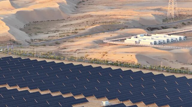 Aerial View of Utility-Scale Solar Farm with Battery Energy Storage System in Arid Desert