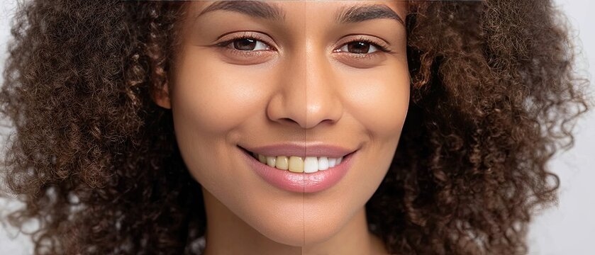 Close up of a woman showing a dental transformation through contrasting teeth colors and smooth skin in a high-end commercial setting