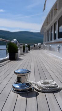 Boat deck features silver cleat and coiled rope with blurred vessel and mountains in the background under bright blue sky