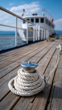 Boats deck with cleat and rope showing blurred vessel and mountains in the background with bright blue sky