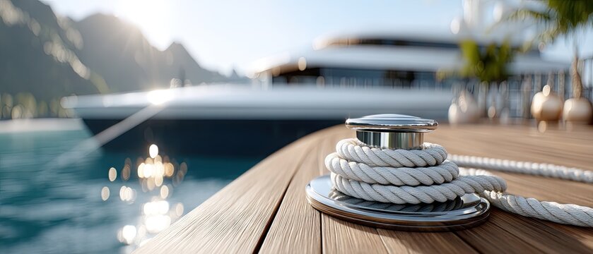Close view of a silver boat cleat with white rope on a wooden deck, with a large yacht and mountains in the background under a bright sky