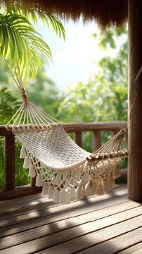 Cream hammock with detailed macrame hangs between wooden posts on a sunny deck surrounded by lush green tropical plants