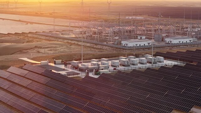 Aerial View of Utility-Scale Solar Farm with Battery Energy Storage System in Arid Desert