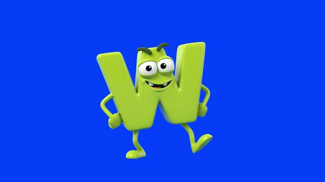 A 3D lime green letter W cartoon character posing with hands on hips and a happy grin against a bright blue sky backdrop. Designed for educational videos, children's alphabet learning content, and ani