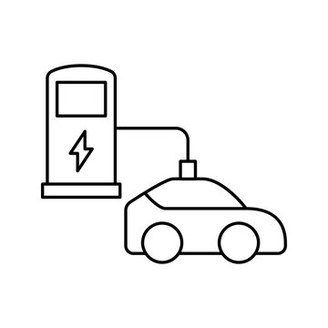 Electric Car Charging at Power Station Terminal Line Icon