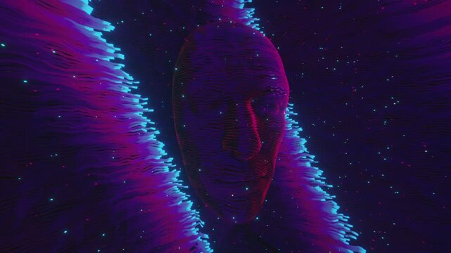 Seamless loop of abstract human head formed by glowing diagonal wave lines. Digital futuristic artificial intelligence model made of fiber optic light streams and neural network particle background.