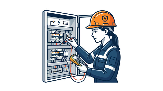 A female electrician wearing a hard hat and safety vest meticulously inspects an electrical panel with a multimeter.
