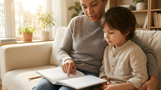 Parent and young child looking at a book together on a sofa, showing learning support, communication, and positive parenting at home