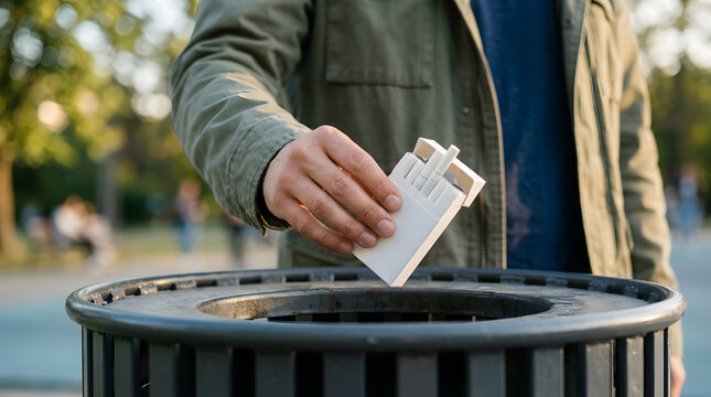 Adult hand placing a cigarette pack into an outdoor trash bin, showing healthy choice, responsibility, and self discipline