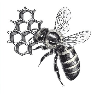 Black and white drawing of a bee hovering over a honeycomb. The bee is drawn with a sense of curiosity and wonder, as it seems to be exploring the honeycomb