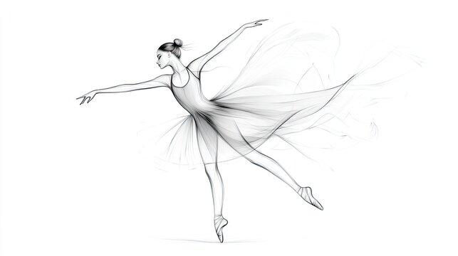 Woman in a tutu is dancing with her arms outstretched. The image is a black and white drawing of a ballet dancer