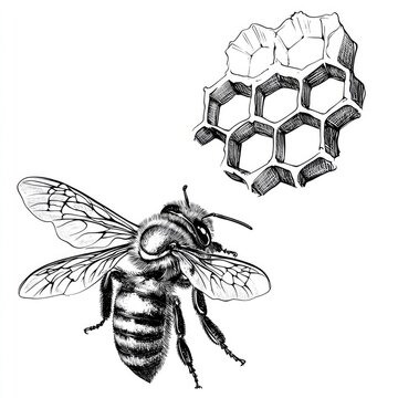Black and white drawing of a bee and a honeycomb. The bee is hovering over the honeycomb, and the honeycomb is filled with honey. Scene is sweet and peaceful