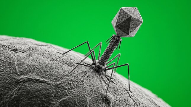 Bacteriophage virus landing on E. coli bacteria cell surface microscopic view.