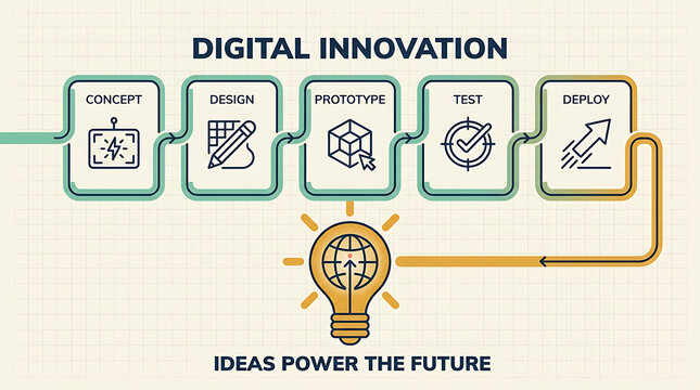 Illustrated process of digital innovation stages from idea to global deployment with emphasizing transformative power ideas modern development