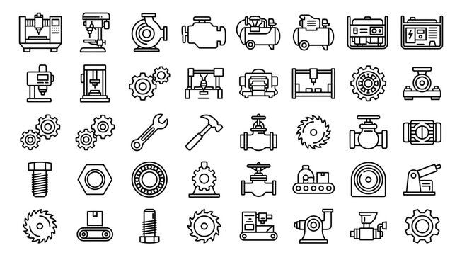 Set of industrial engineering machine and equipment thin line icons