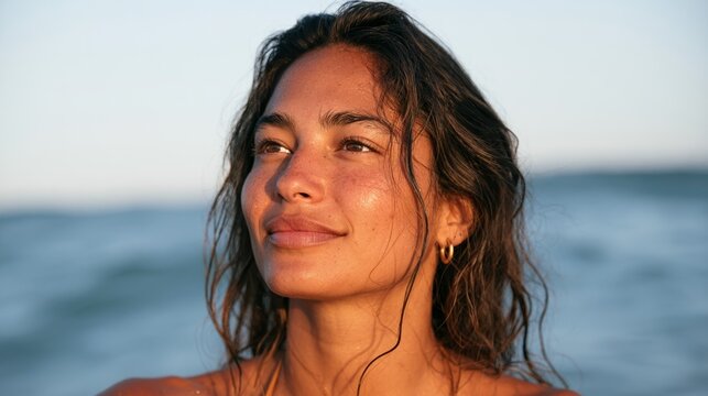 Smiling Woman with Tan Lines, Outdoor Beach Setting, Sunlight, Ocean, Swimsuit, Casual, Ripples, Tropical, Relaxation, Summer.