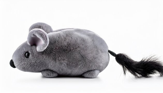 grey fuzzy mouse cat toy with black tail isolated on white background