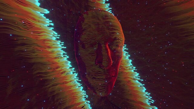 Seamless loop of abstract human head formed by glowing diagonal wave lines. Digital futuristic artificial intelligence model made of fiber optic light streams and neural network particle background.