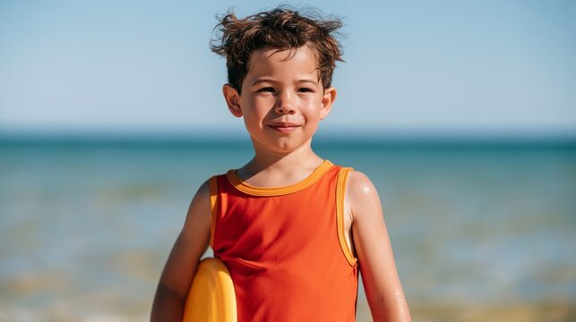 Young Boy in Orange Swimsuit by Ocean, Holding Boogie Board