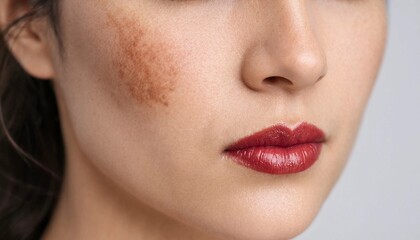 Fototapeta premium Close up shot of a woman with natural skin pigmentation on her cheek and dark red lipstick