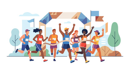 Fototapeta premium Group of diverse athletes running together towards the marathon finish line.