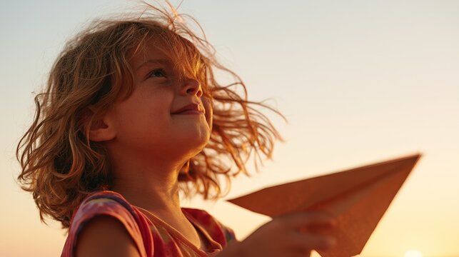 Serene Sunset: Little Girl with Paper Boat