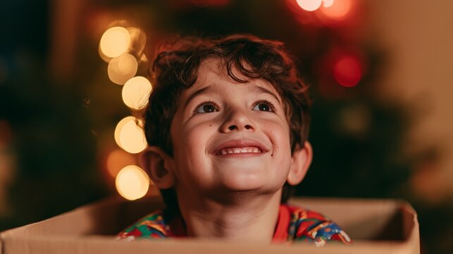 Joyful Child Smiling in Christmas-Themed Box, Blurred Background with Festive Lights