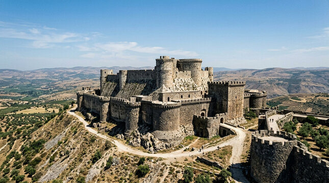 Majestic ancient castle fortress on a hill under a clear blue sky