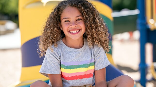 Young Girl with Smile Sitting on Playground Equipment