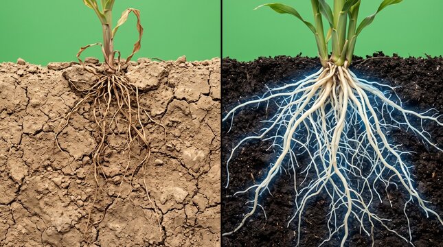 Corn plant root system comparison in dry cracked soil versus healthy fertile dark soil