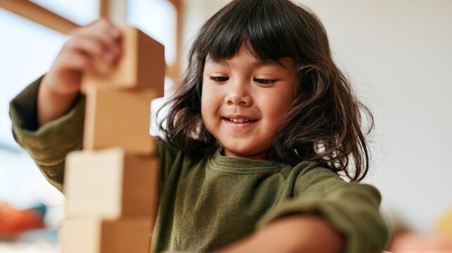 Young Girl Playing with Blocks, Smiling