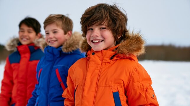 Boys in Winter Coats, Posing for Photo on Snowy Day