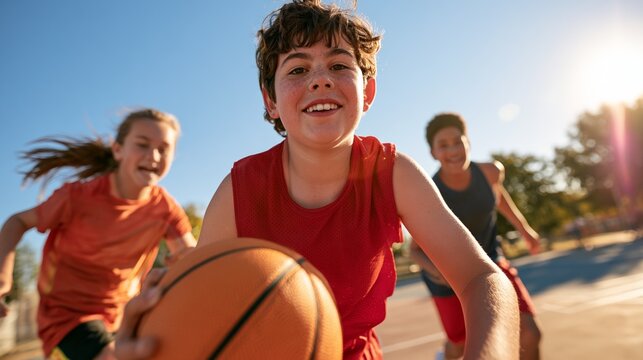 Excited Children Playing Basketball in a Park on a Sunny Day