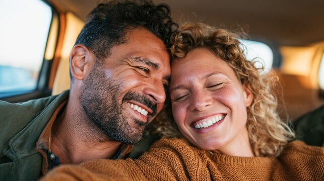 Couple in a Car, Taking a Selfie with Smiles on Their Faces.