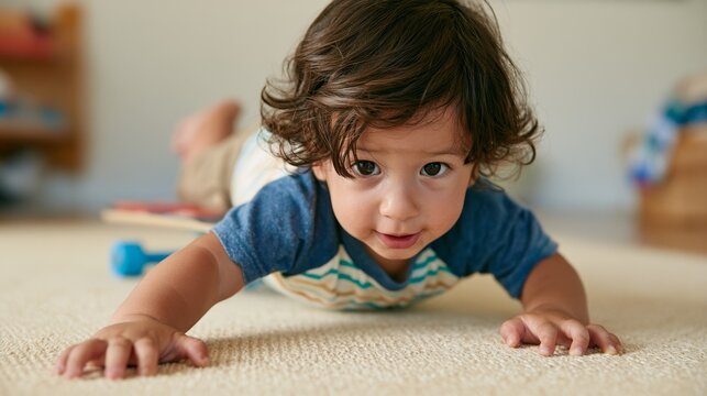 Endearing Toddler Crawling on Carpeted Floor.