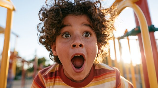 Young Boy with Open Mouth in Playground Swing